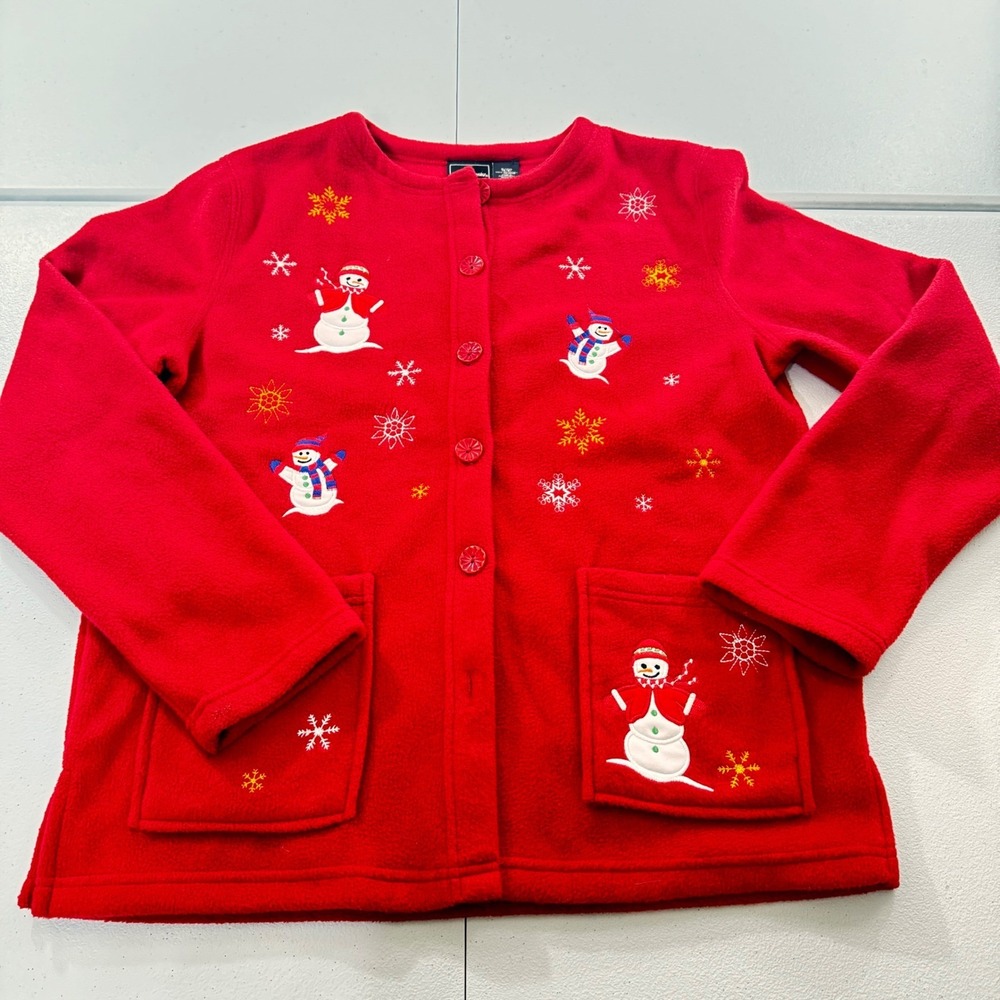 Y2K Bobbie Brooks Women S‎ Red Fleece Snowman Snowflake urgly Christmas Cardigan